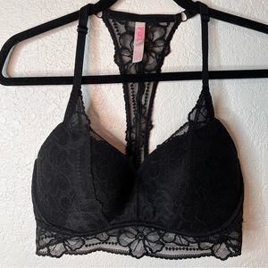 Pink Victorias Secret Push up Black Lace Racerback Bralette Medium DD